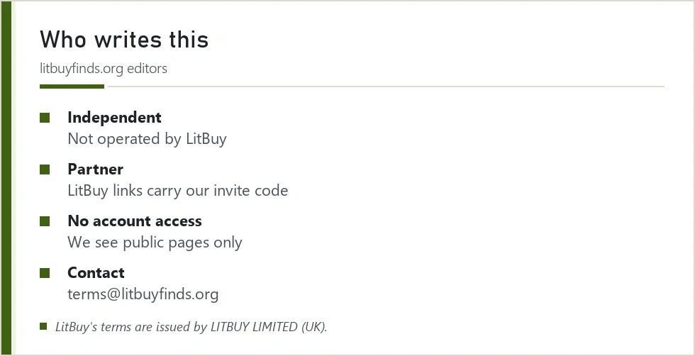 Card describing who writes this site and how it relates to LitBuy