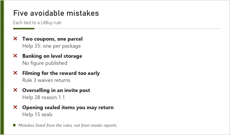 Card listing five mistakes to avoid when combining LitBuy perks with purchases