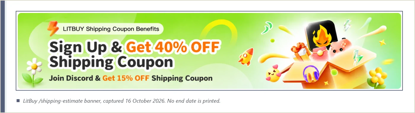 Official LitBuy banner advertising sign-up and Discord shipping coupons