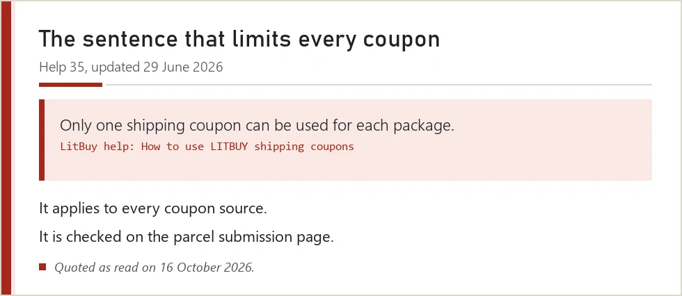 Quoted rule from LitBuy help 35: only one shipping coupon per package