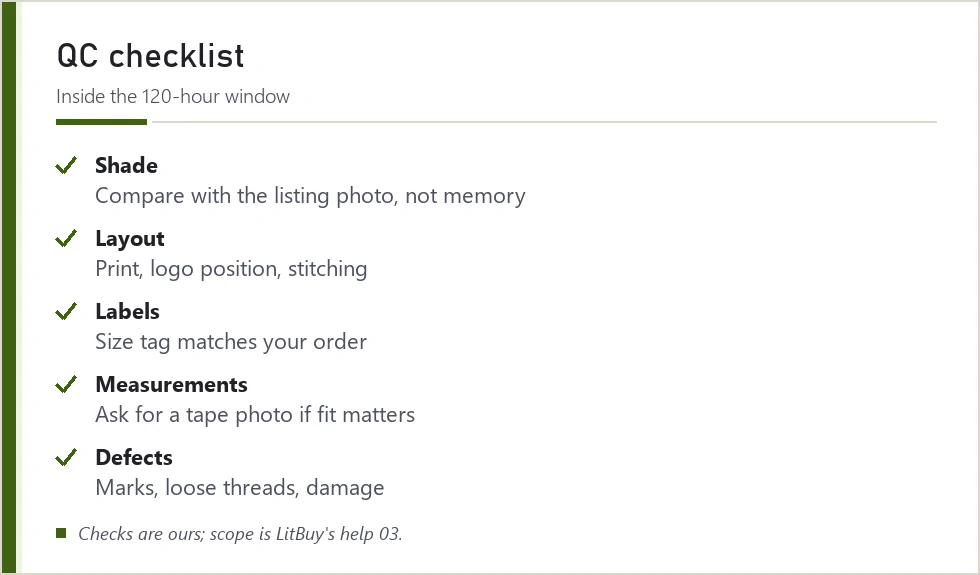 QC photo checklist card with five checks to make before shipping