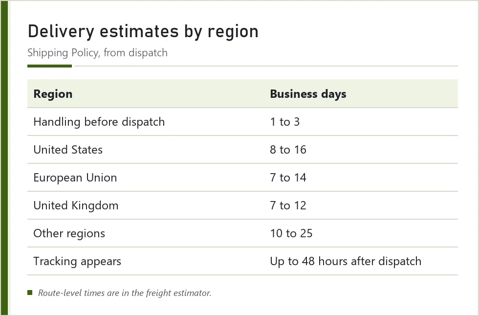 Table of LitBuy regional delivery estimates from its Shipping Policy