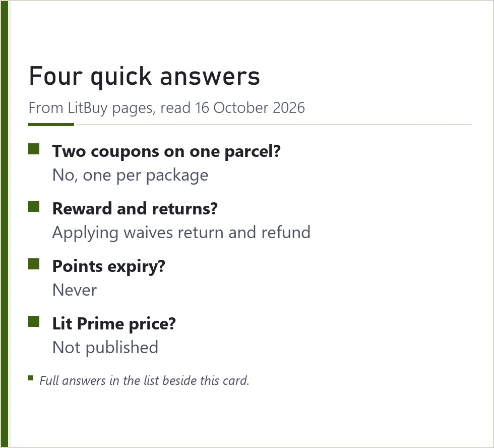 Card with four of the most common LitBuy perk questions and one-line answers