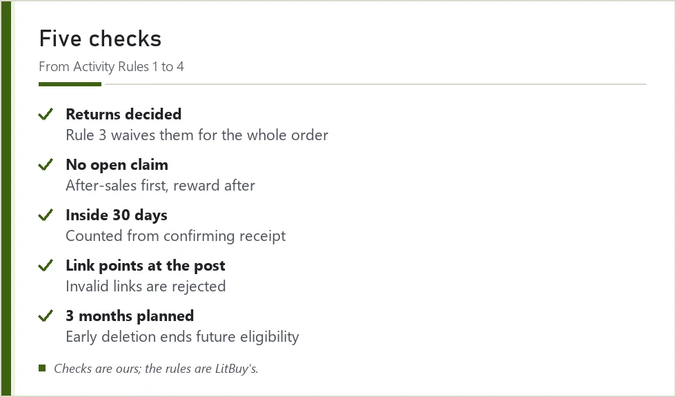 Checklist card of five checks before applying for the share reward