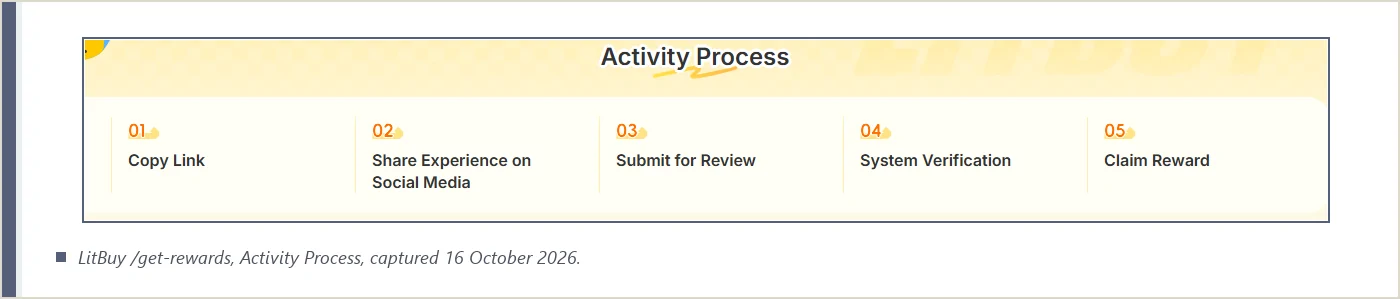 Screenshot of LitBuy's five-stage Activity Process strip on the share reward page