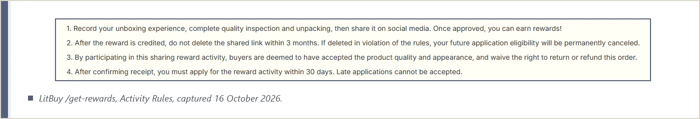 Screenshot of the Activity Rules box on LitBuy's share reward page, rules 1 to 4