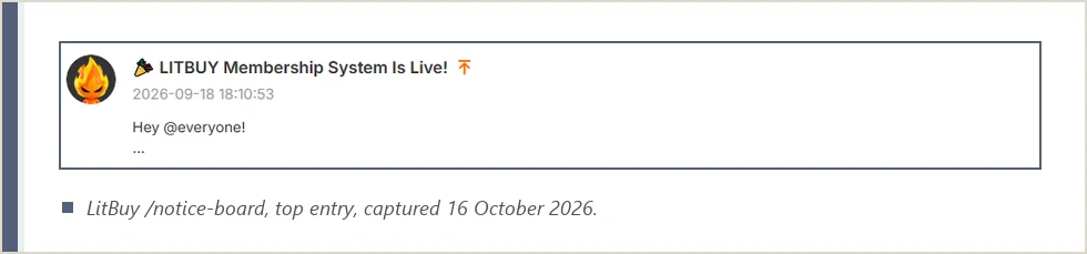 Screenshot of the membership announcement entry on LitBuy's notice board