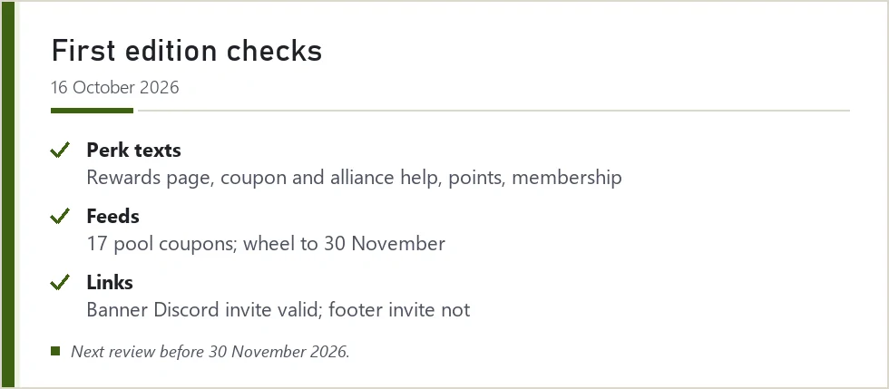 Card of the three checks made for this site's first edition